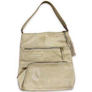 HOBO The Original Shoulder Bag Creamy Tan Leather w/ Tassel Purse Multi-Pocket